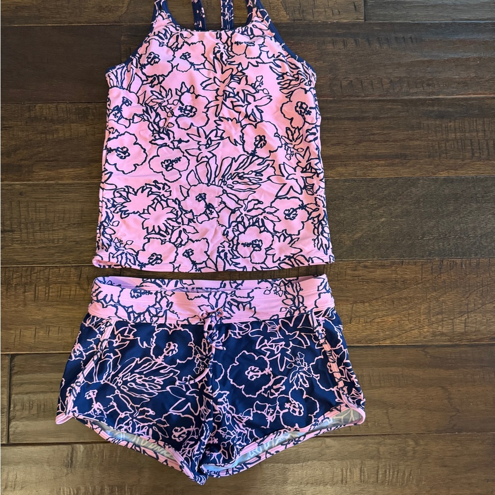 Athleta Girl Sz XL/14 Pink and Navy Floral Swimsuit tankini board shorts set,m
